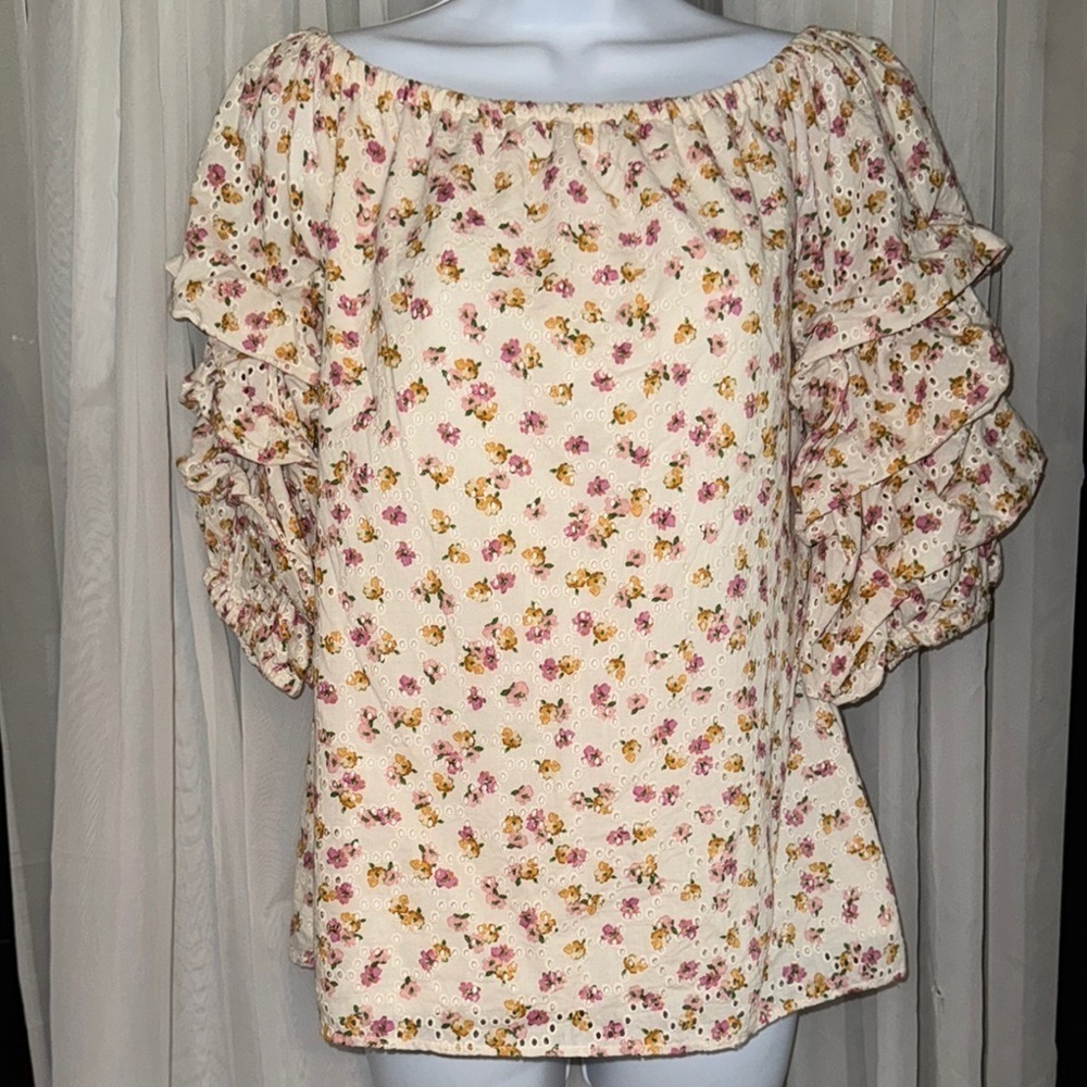CeCe Cream and Pink Puff Sleeve Ruffled Blouse